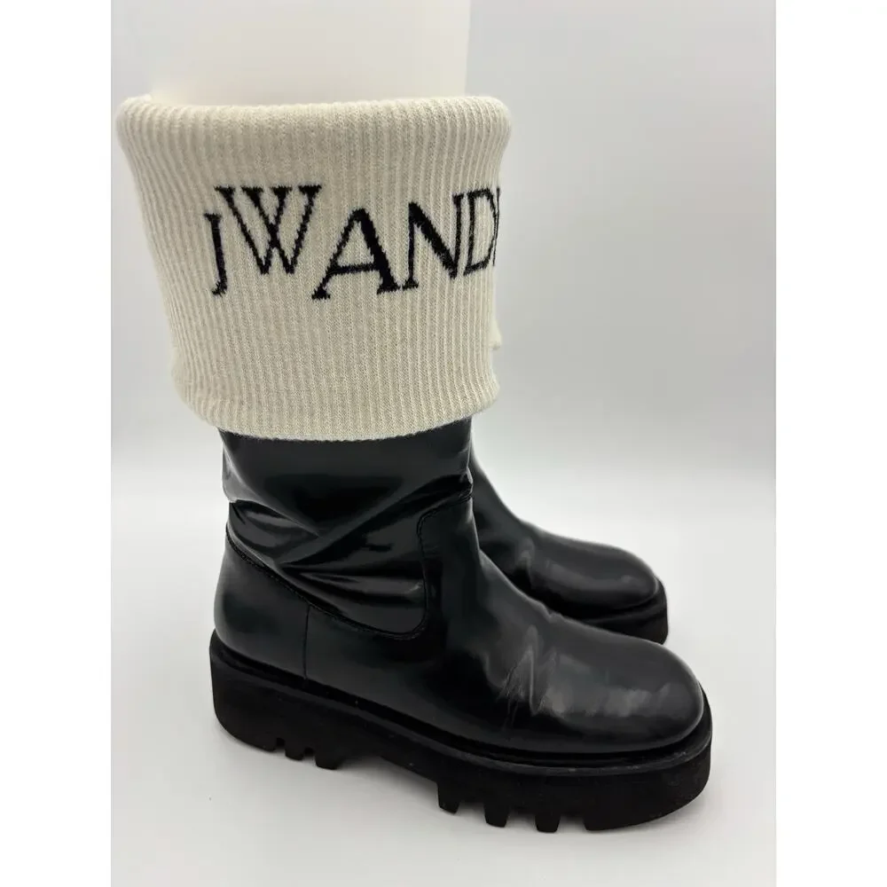 JW Anderson Logo Fisherman Boots Black Patent Leather White Sock Size 39 / 9